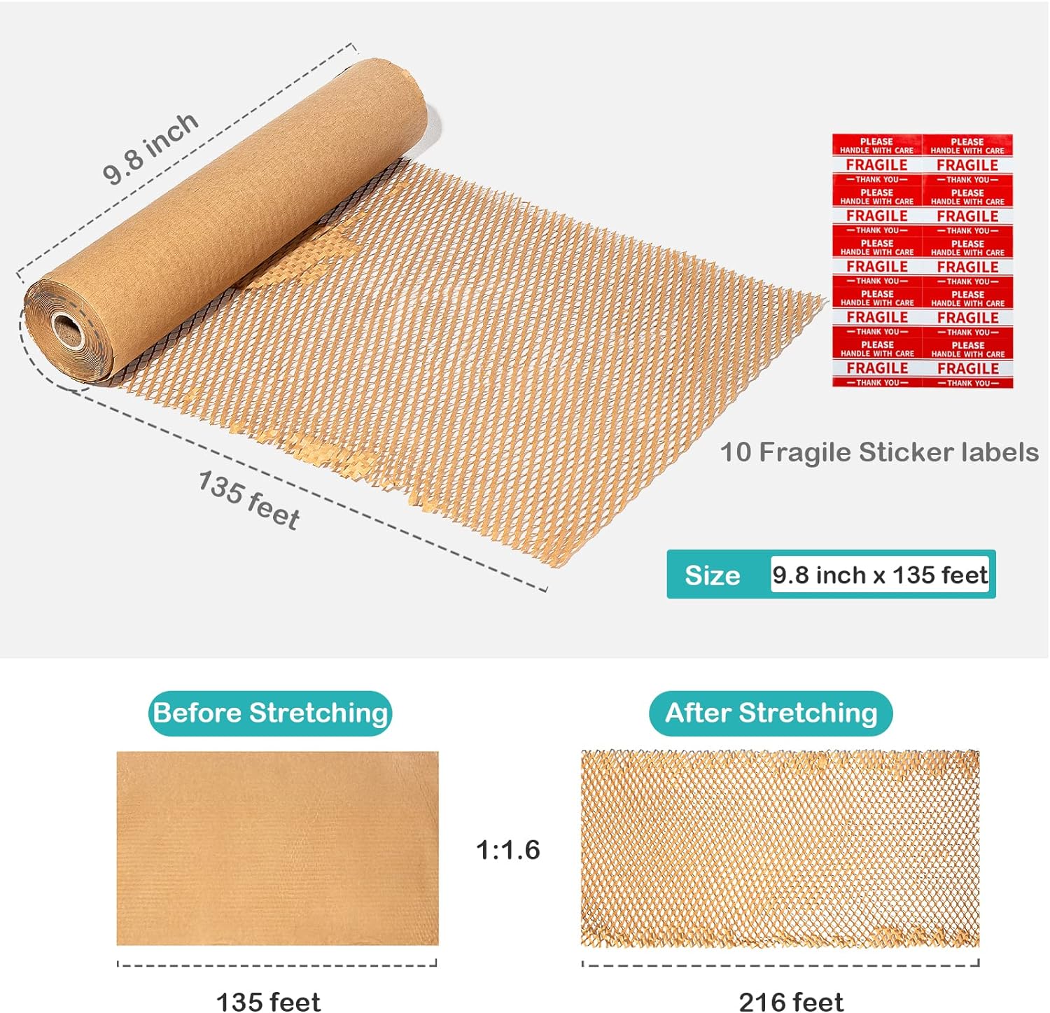 MCfleet 15"x135' Honeycomb Packing Paper Wrap Roll, Eco Friendly Packaging Material for Moving Shipping Gift Wrapping with 20 Fragile Stickers, Protective Recycled Cushion Wrap Suppliers Kraft Brown - Image 2